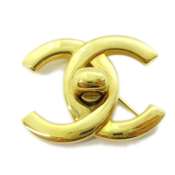 AUTH CHANEL CC Logos Turnlock Motif Brooch Pin Corsage Gold-Tone 96P Vintage - Picture 1 of 4
